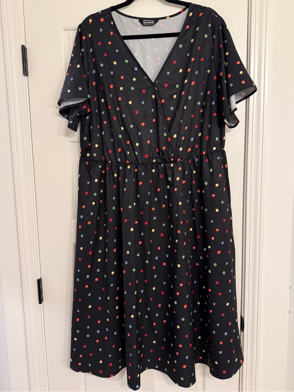 BloomChic Black V‑Neck Midi Dress with Multicolor Polka Dots
